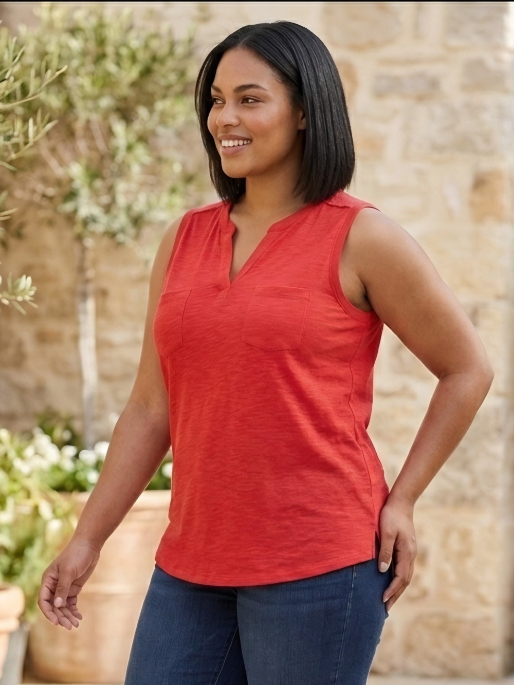 Sonoma Coral-Red V-Neck Sleeveless Pocket Tank Top XXL